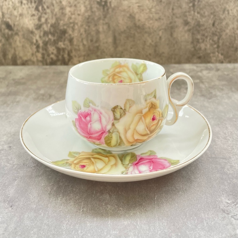 Antique Z S & Co Bavaria Floral China Tea Cup Saucer Set c1880 Hand Painted